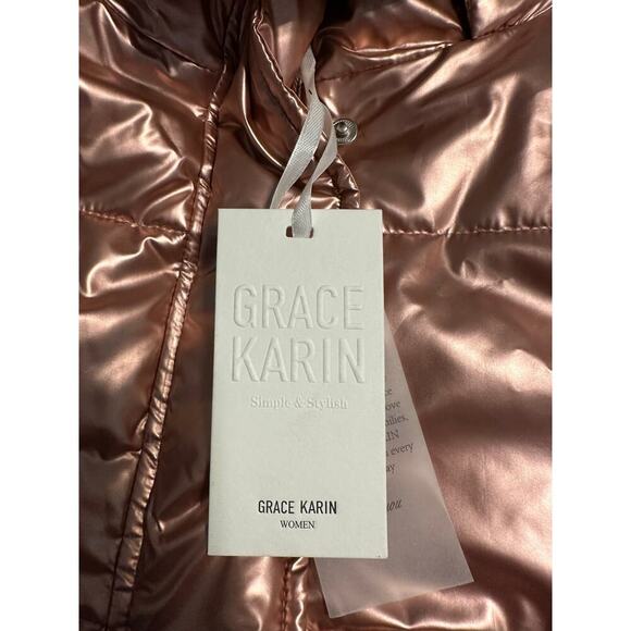 Grace Karin Hooded Pink Metallic Puffer Coat Size Medium NWT Removeable Hood - Picture 6 of 6